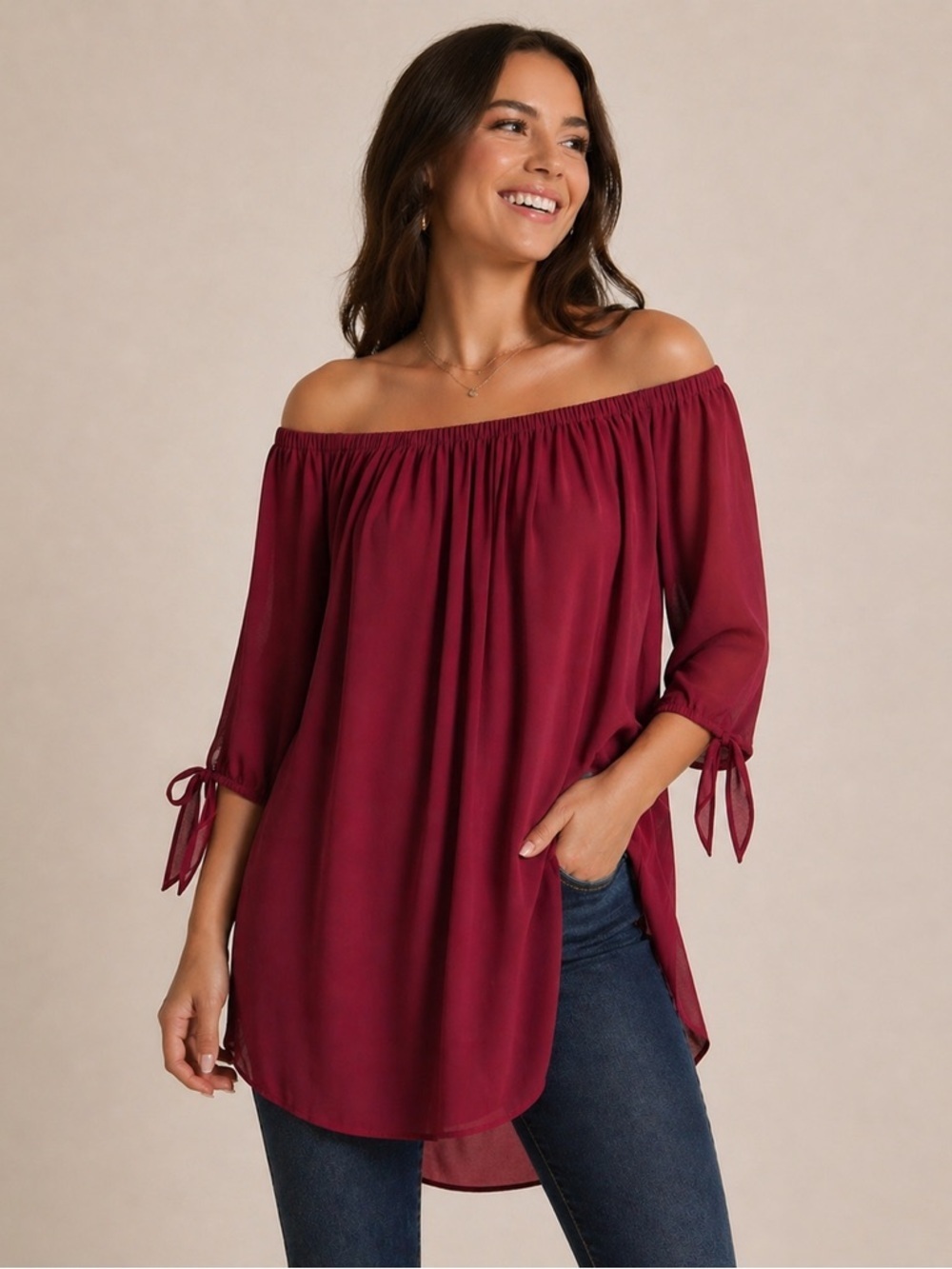 Rhapsody Burgundy Peasant Blouse L Boho Off Shoulder Tie Sleeve Flowy Top